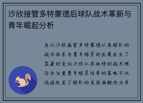 沙欣接管多特蒙德后球队战术革新与青年崛起分析