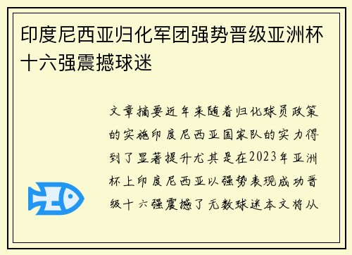 印度尼西亚归化军团强势晋级亚洲杯十六强震撼球迷